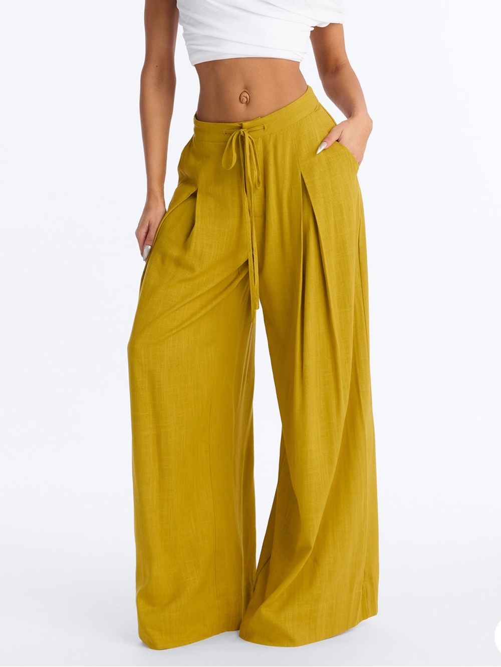 Fashion Nova Mustard Wide-Leg Drawstring Pants